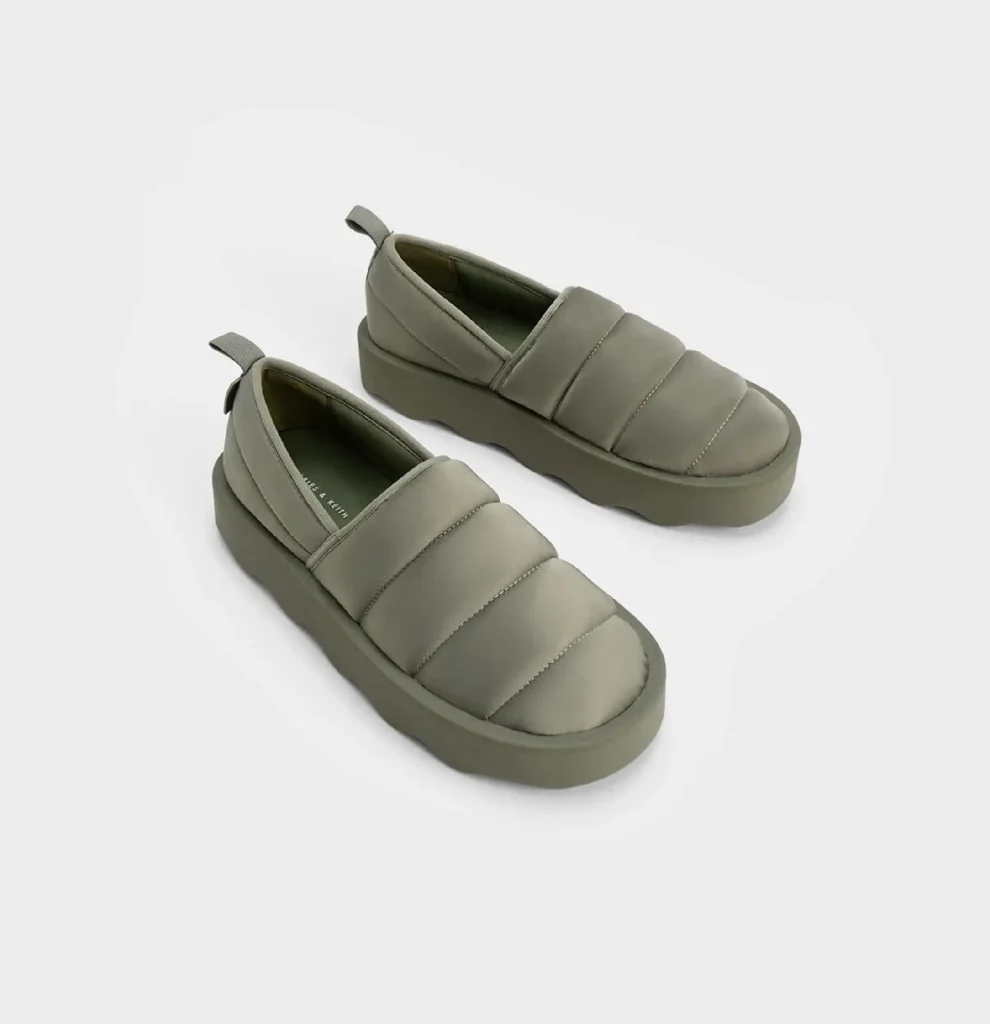 charles&keith - Puffy Nylon Panelled Loafers - Sage Green