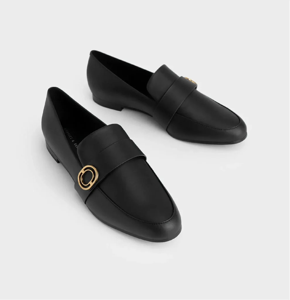 charles&keith - Metallic Accent Almond-Toe Penny Loafers - Black